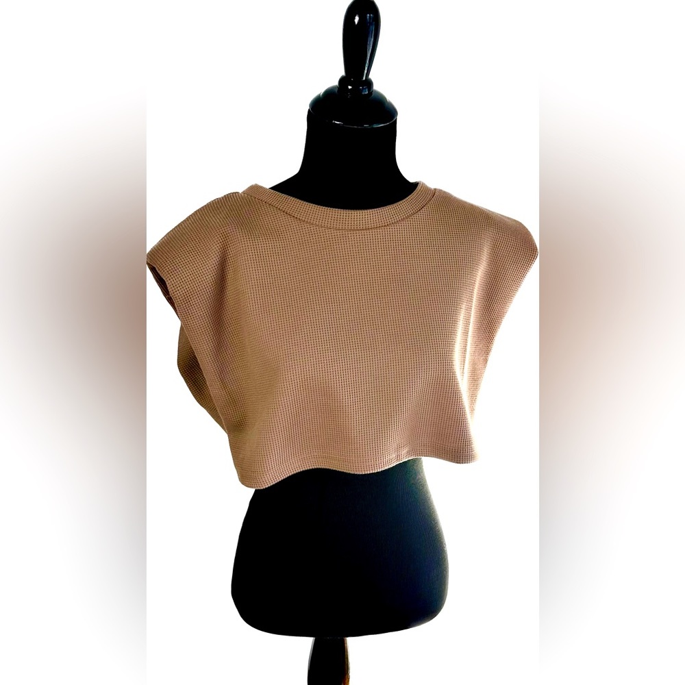 NWT aureum shoulder crop top, Never Used, Taupe, Large, Waffle Knit Padded Top